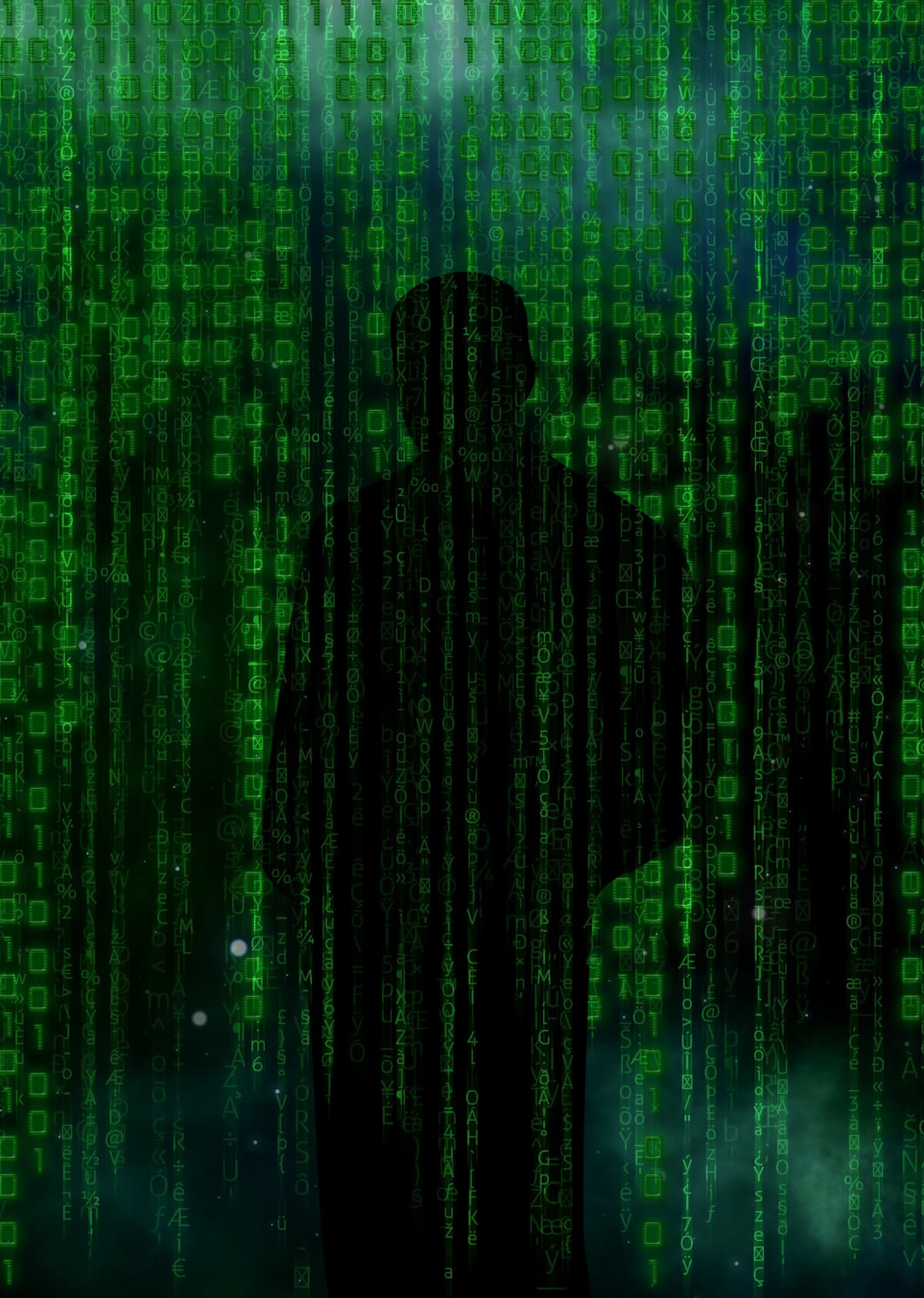 Matrix style picture of hacker behind code
