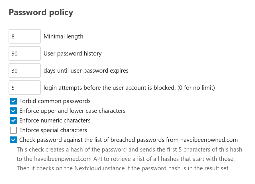 screenshot of the password policy configuration