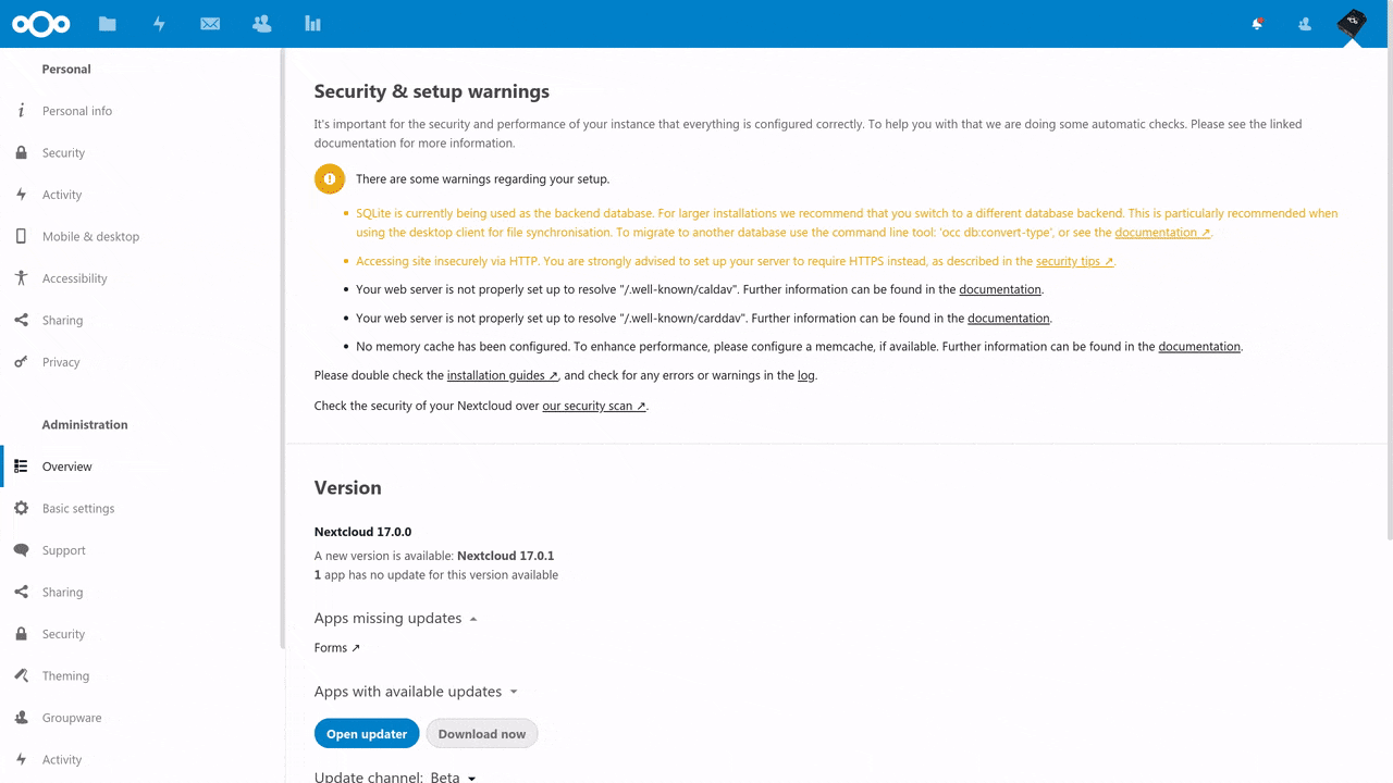 gif showing upgrade from Nextcloud 17.0.0 to Nextcloud 17.0.1