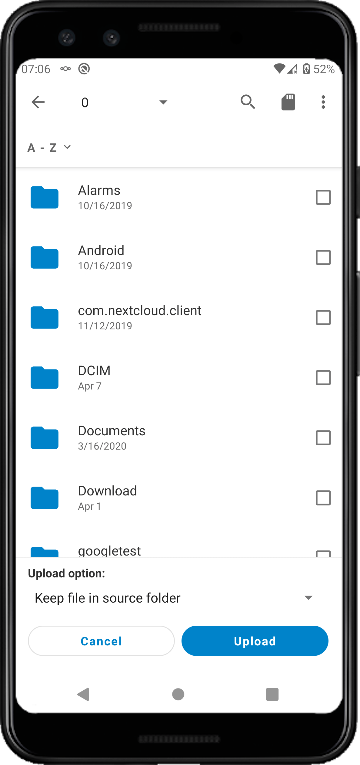 Select folders for upload