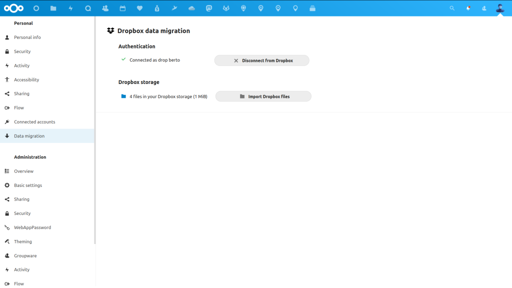 Captura de pantalla de la configuración de migración de Dropbox