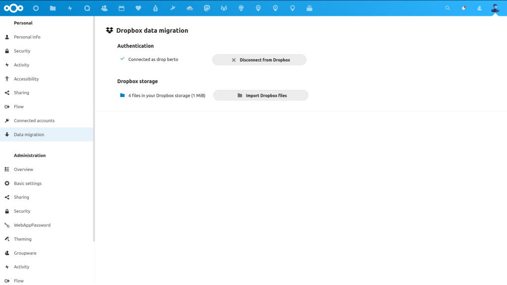 Capture d'écran des paramètres de migration Dropbox