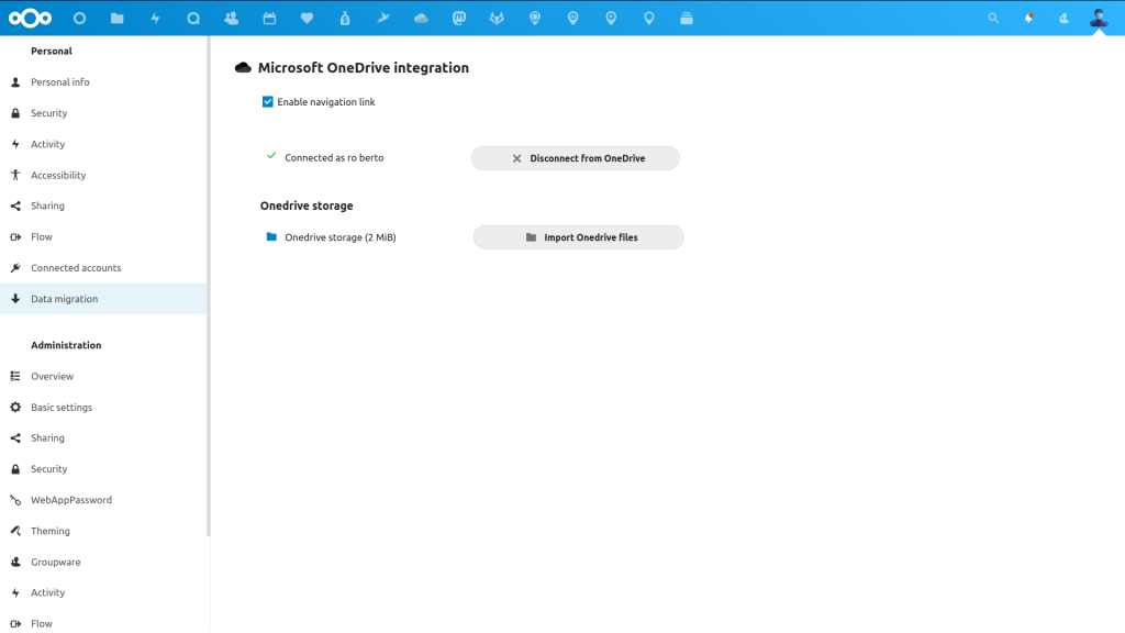 Capture d'écran des paramètres de migration OneDrive