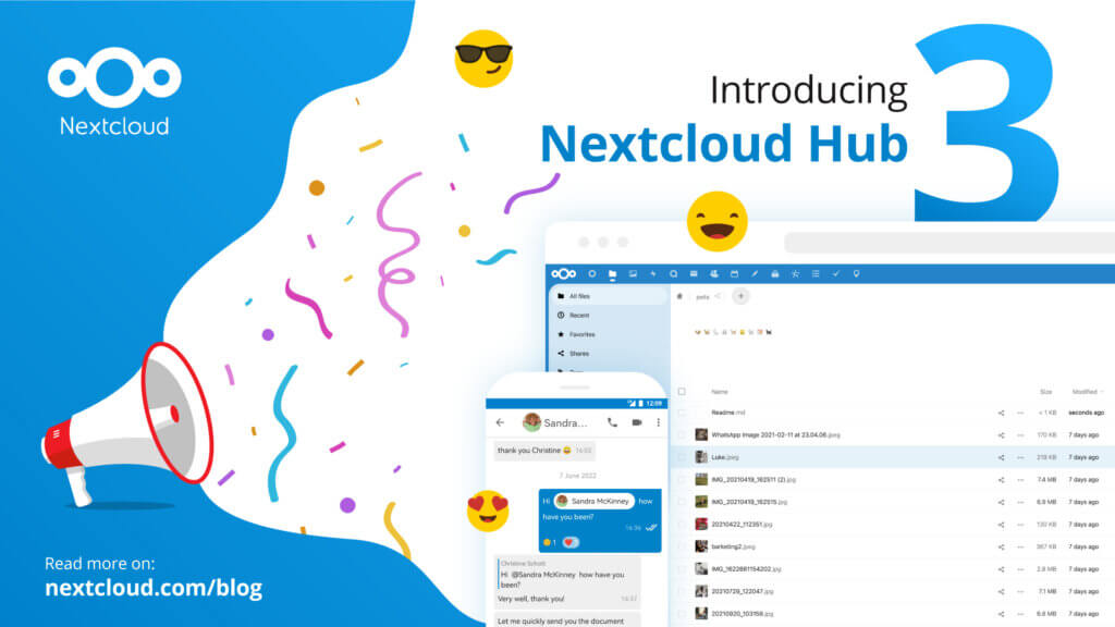 Nextcloud Hub3 ilustración con logotipo, emoticonos y confeti