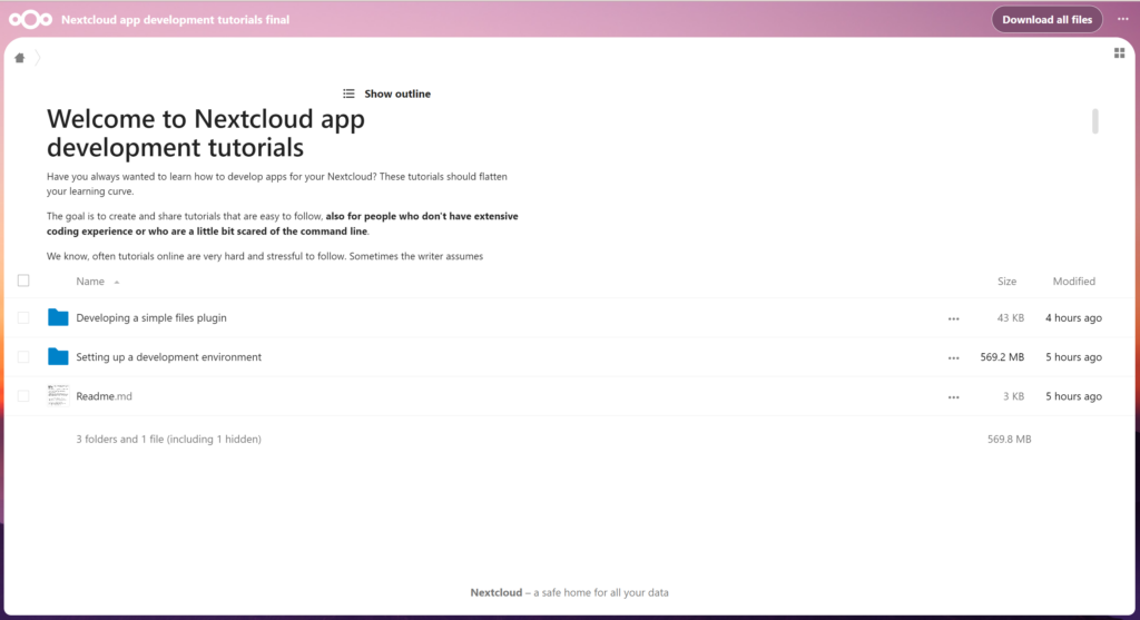 Nextcloud app development tutorials page.