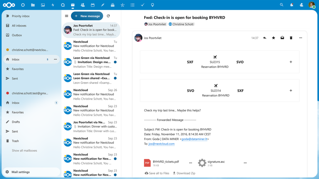 Nextcloud 25 emails itinerary