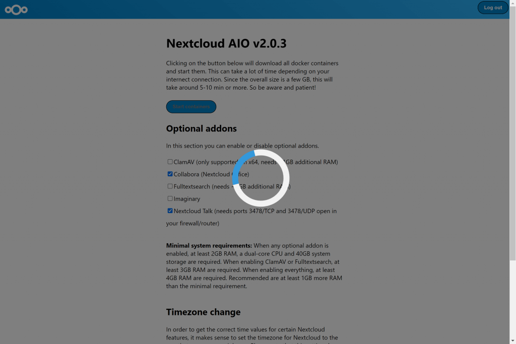 Carga de la configuración de Nextcloud AIO 