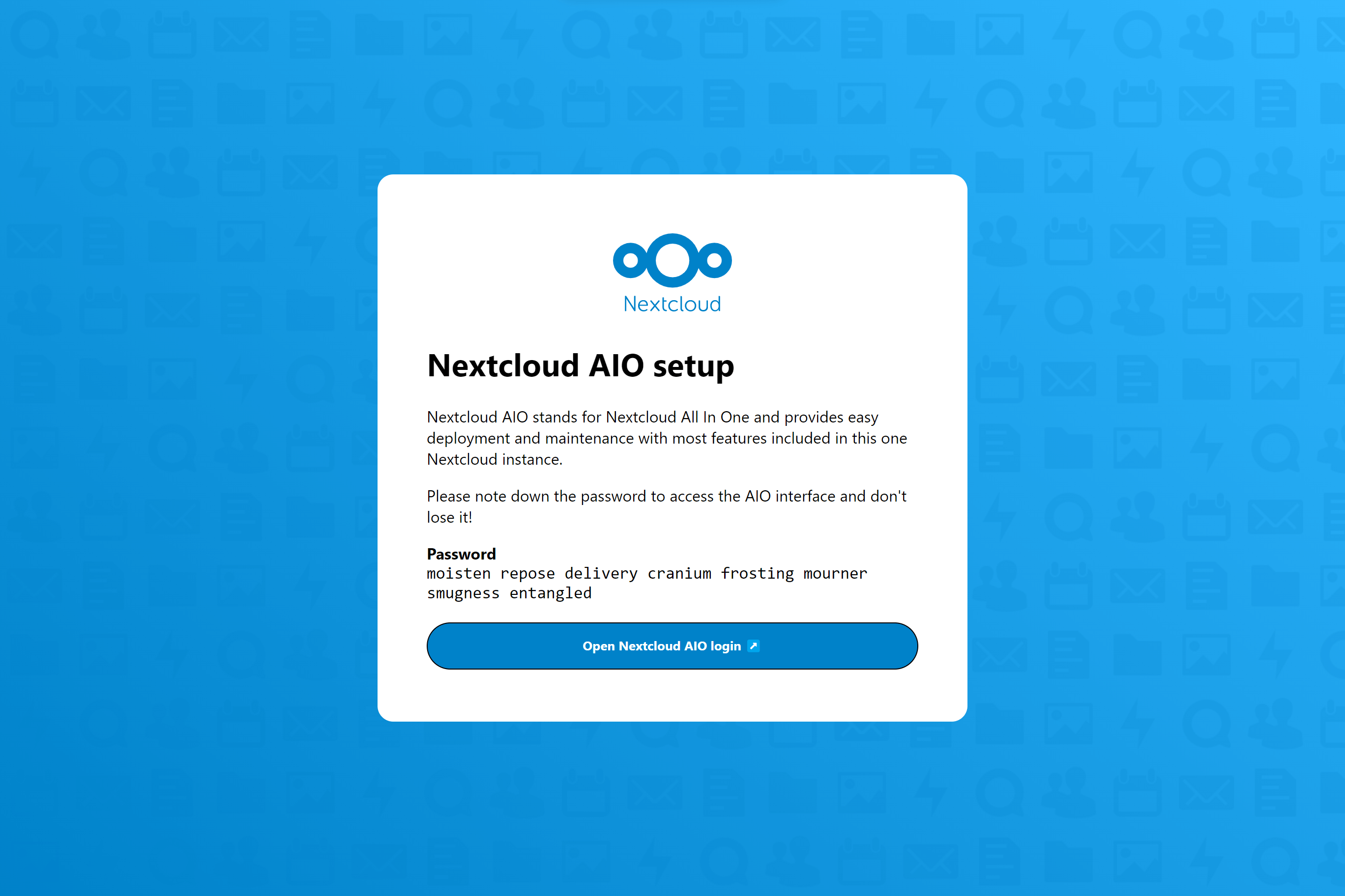 Nextcloud AIO setup screen