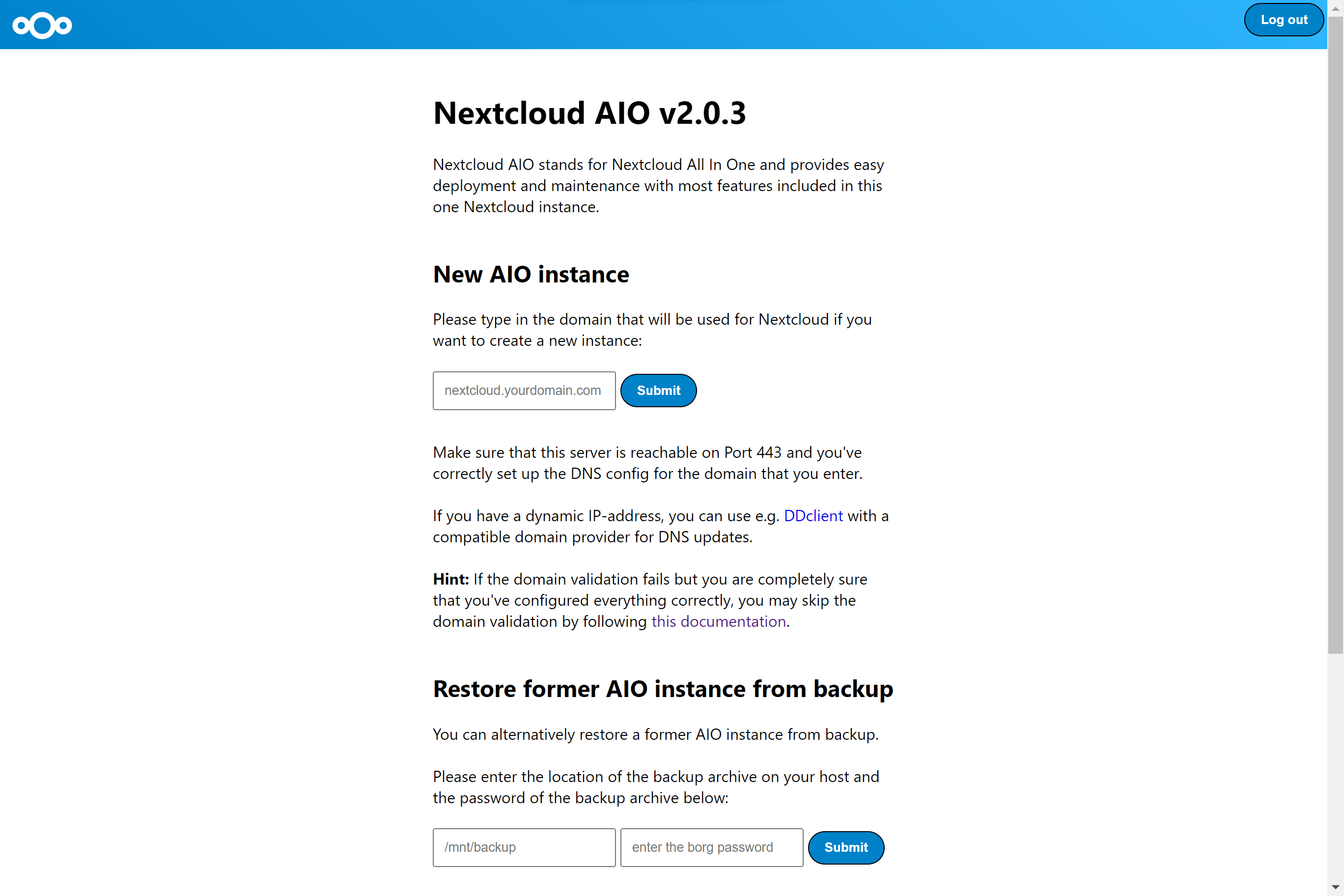 Nextcloud AIO interface screen