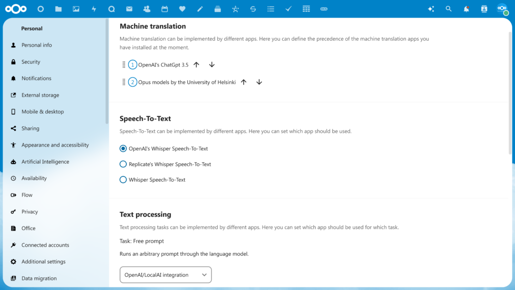 capture d'écran montrant le choix de l'IA dans Nextcloud