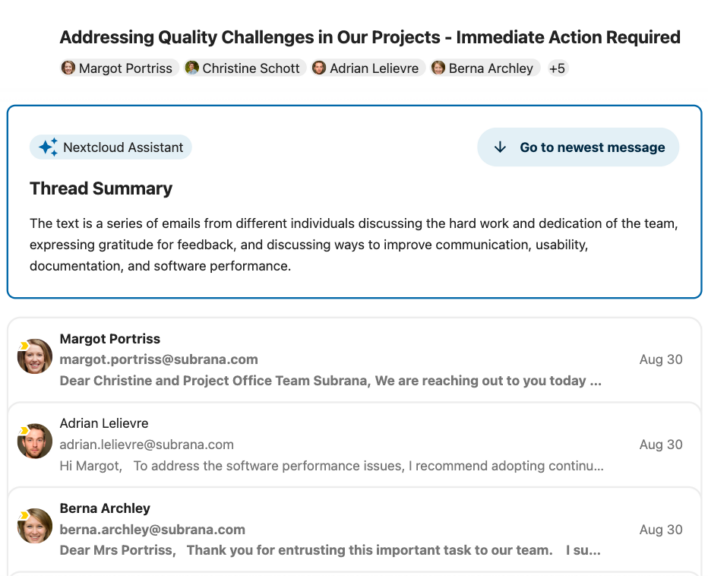 Thread Summary for Mail powered by Nextcloud Assistant - AI-powered content collaboration tools