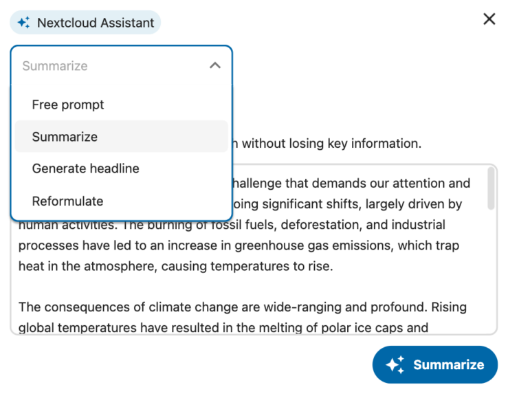 Generating text summary with Nextcloud Assistant - AI-powered content collaboration tools