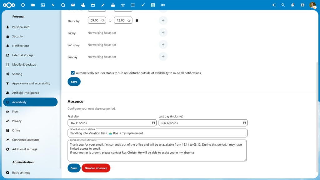 Out of office autoresponder settings Nextcloud
