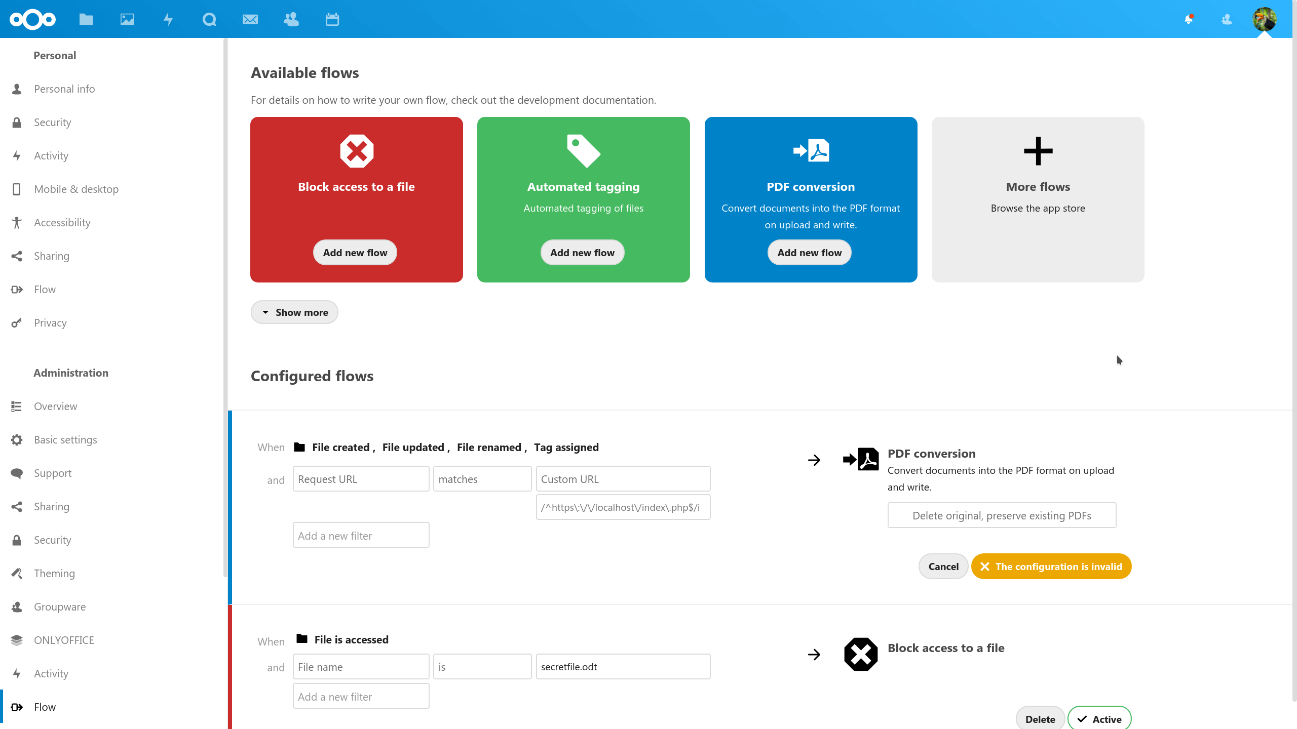 Nextcloud flow as admin