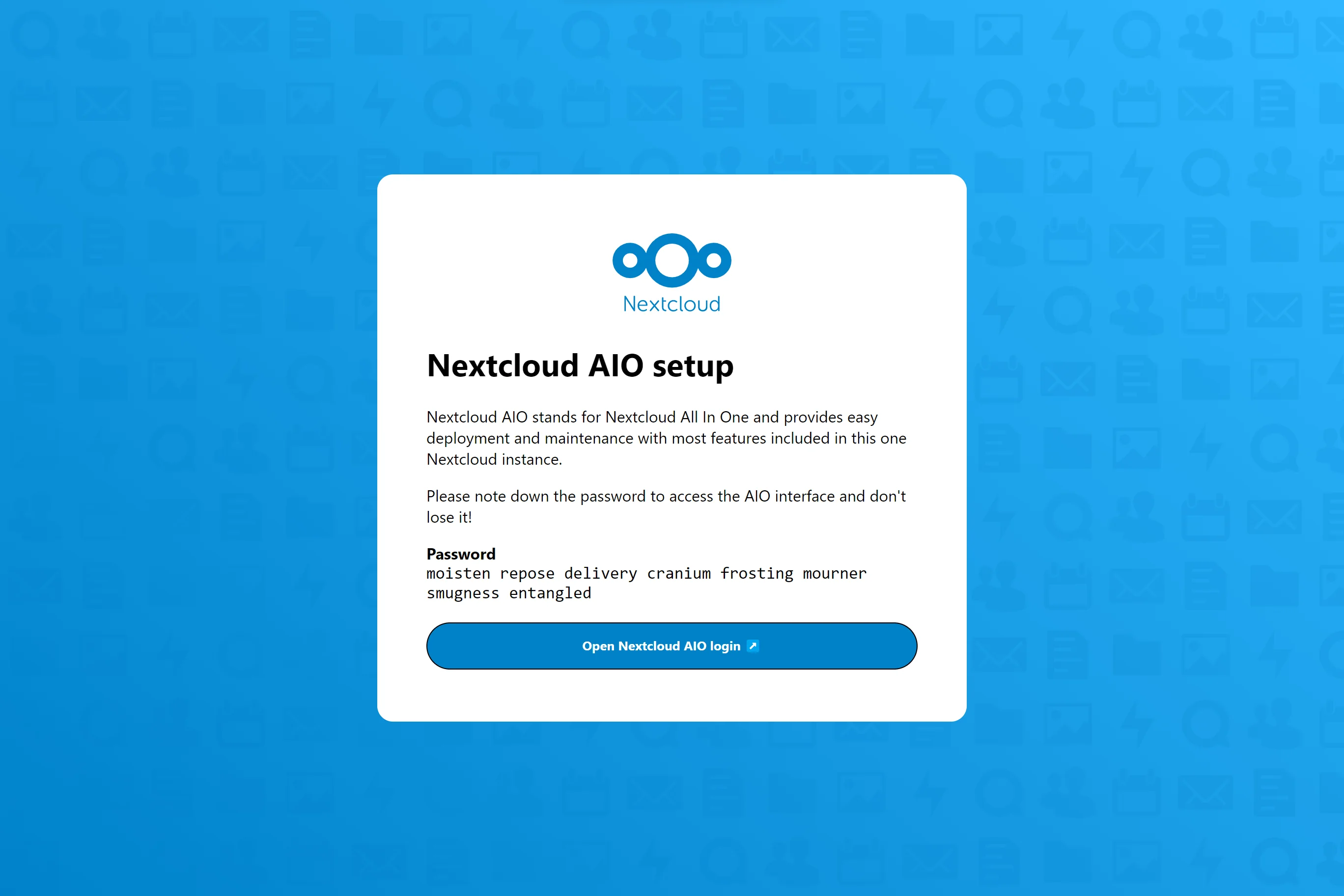 Schermata di configurazione di Nextcloud AIO