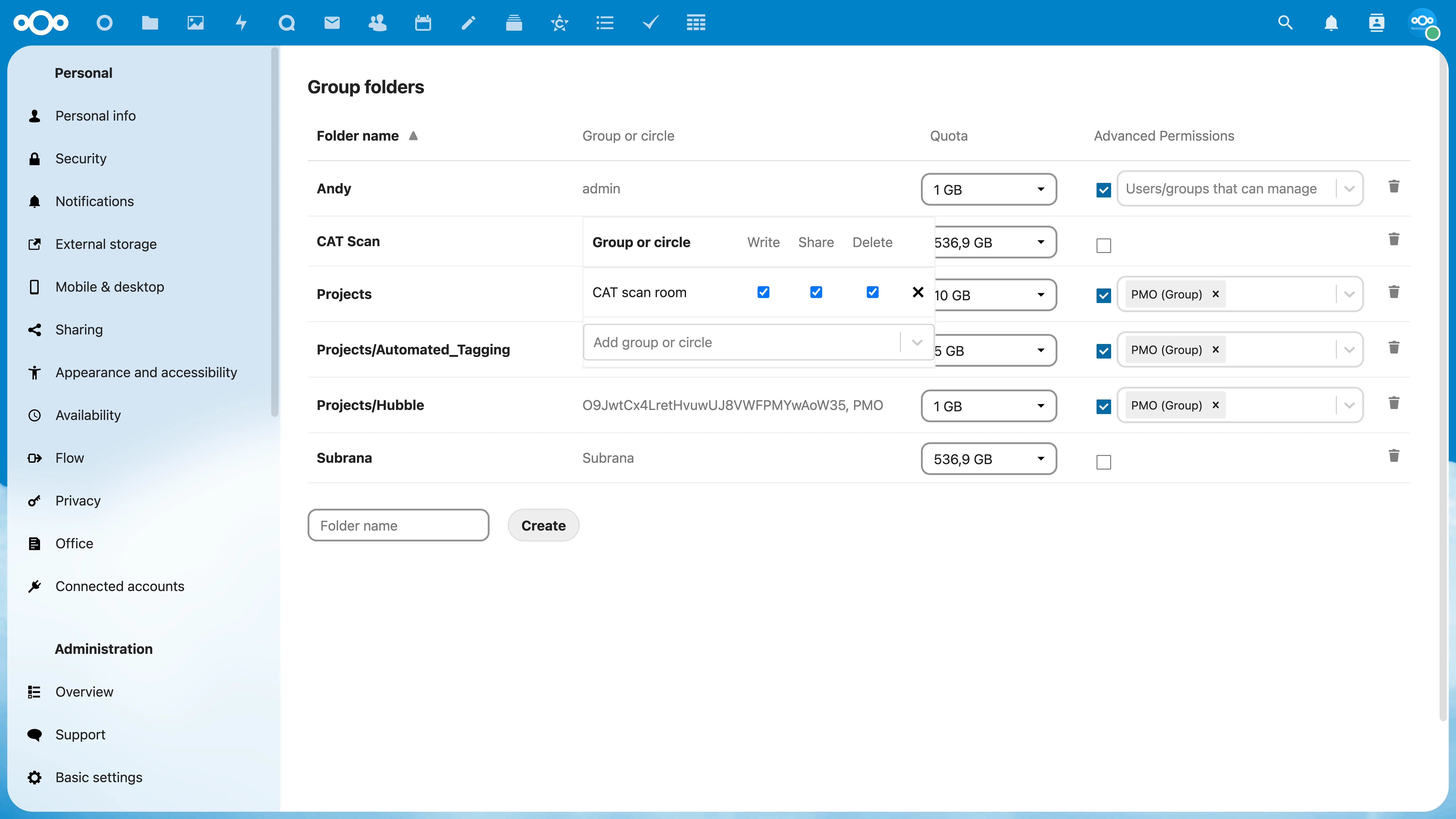 Nextcloud Group folder assigned to circle