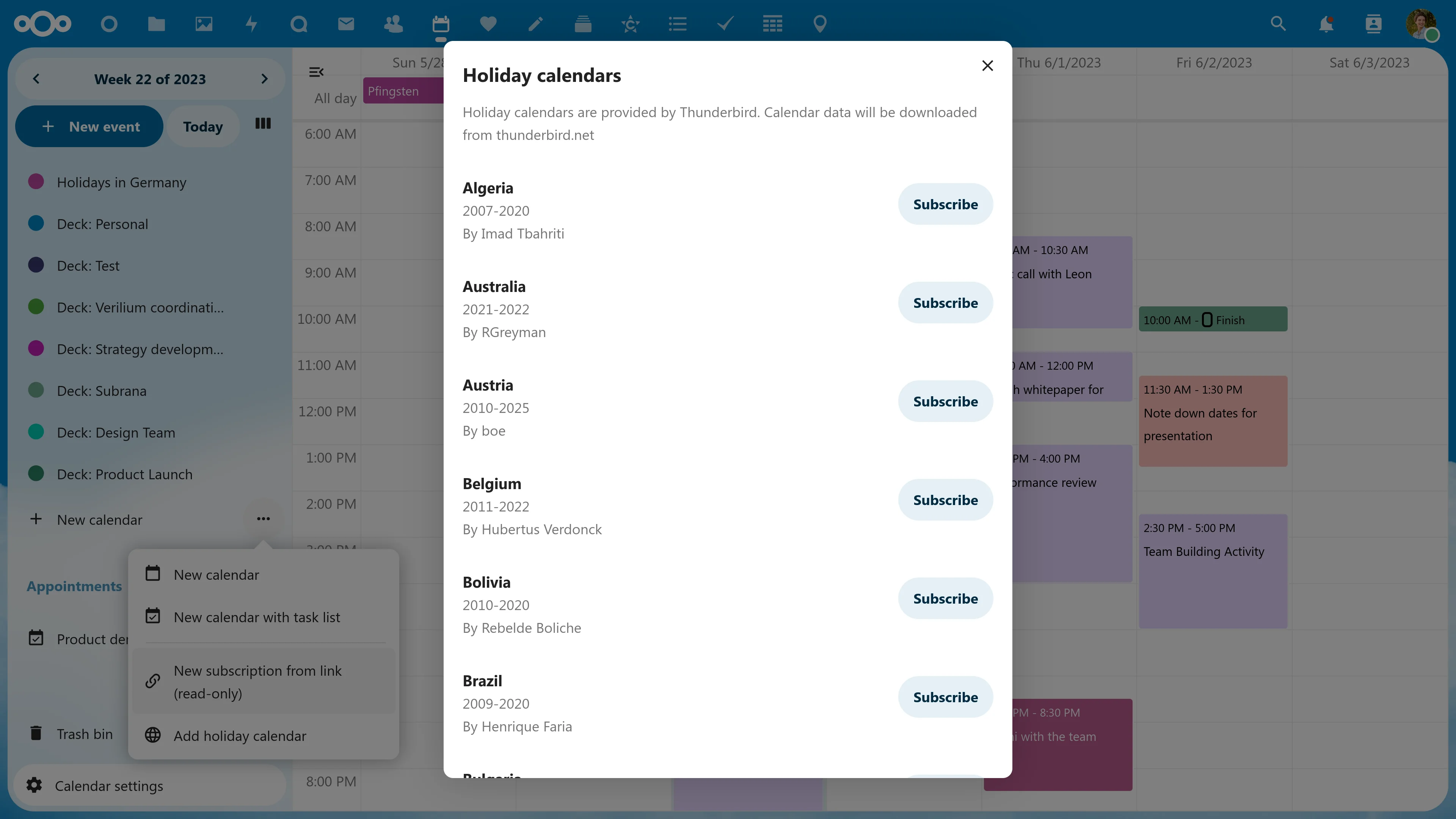 Nextcloud Calendar Holiday Calendar