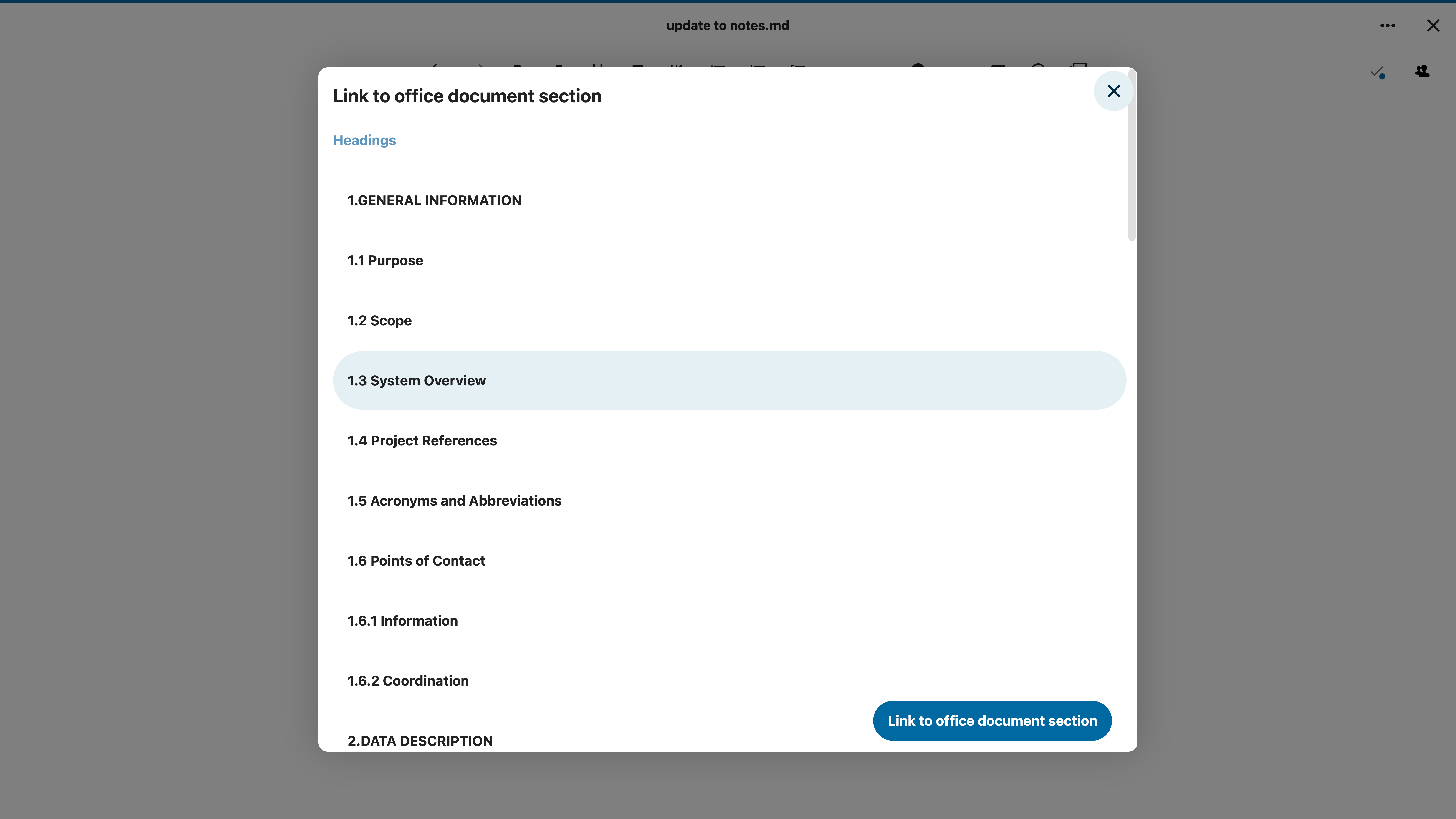 Nextcloud Office document section picker